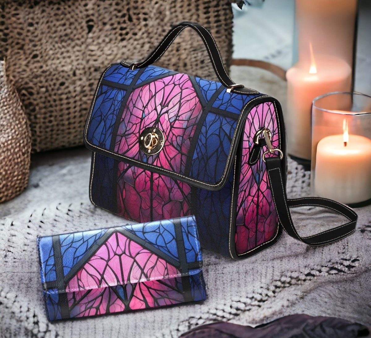 Medieval Pink Blue Stained Glass Canvas Satchel Handbag For Boho Hippie