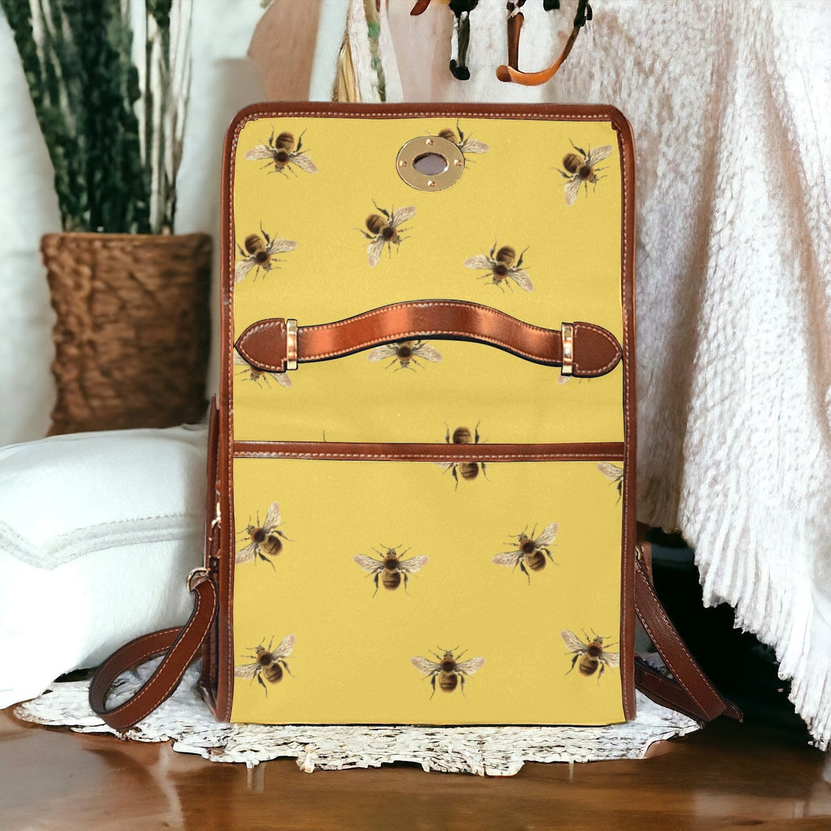 Retro Yellow Honey Bee Canvas Satchel Handbag For Boho Hippie