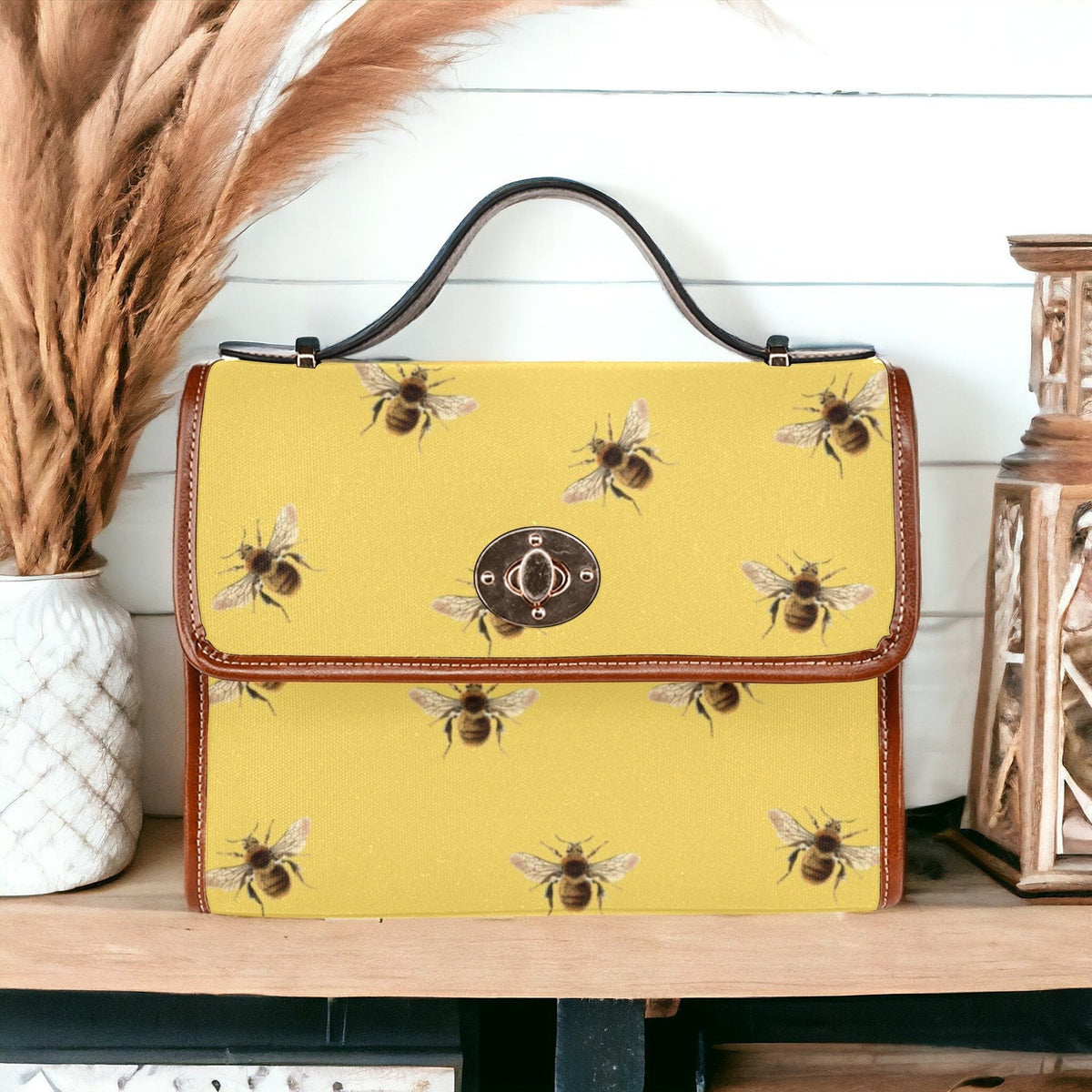 Retro Yellow Honey Bee Canvas Satchel Handbag For Boho Hippie