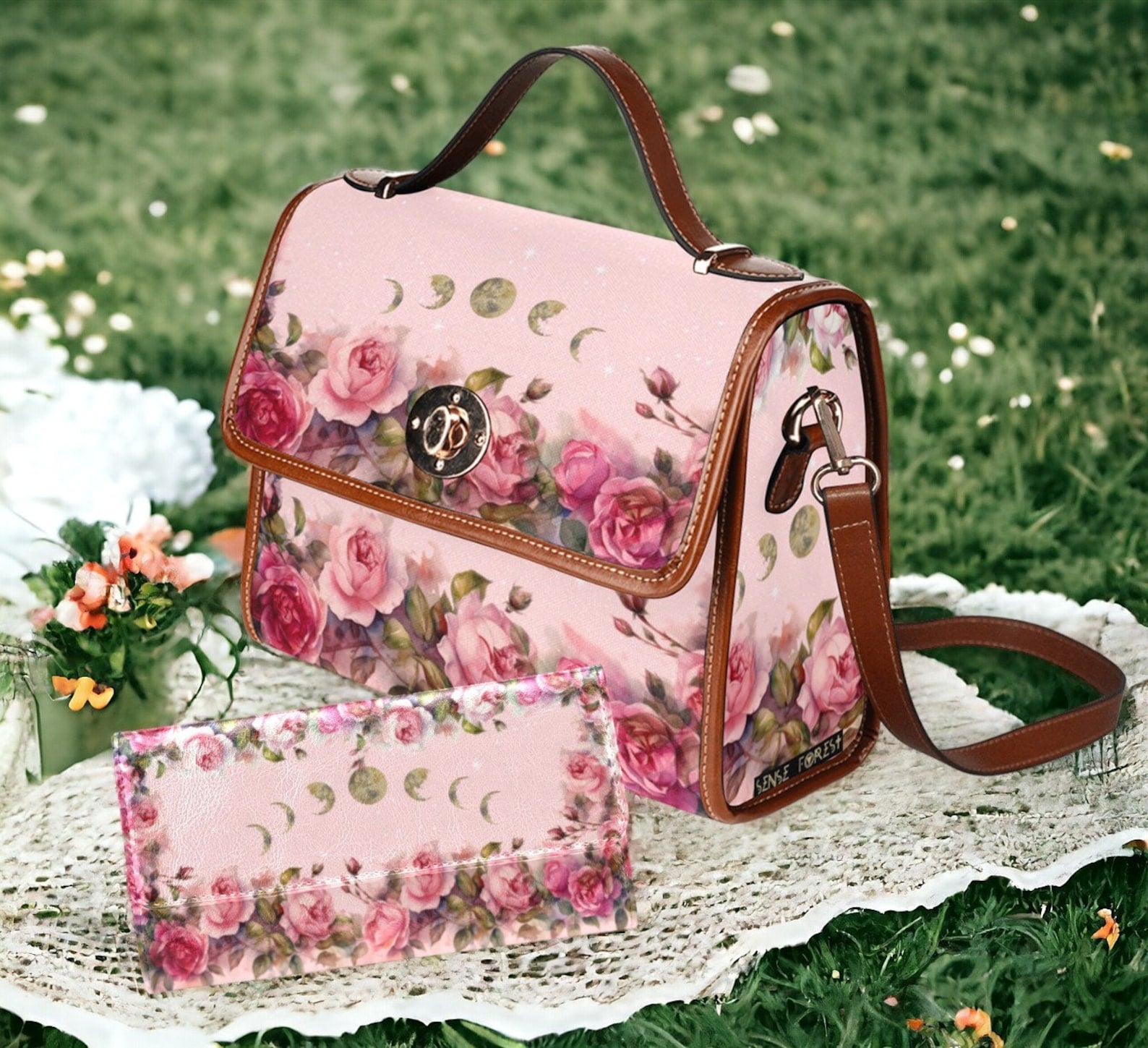 Cherry Pink Roses Moon Retro Canvas Satchel Handbag For Boho Hippie