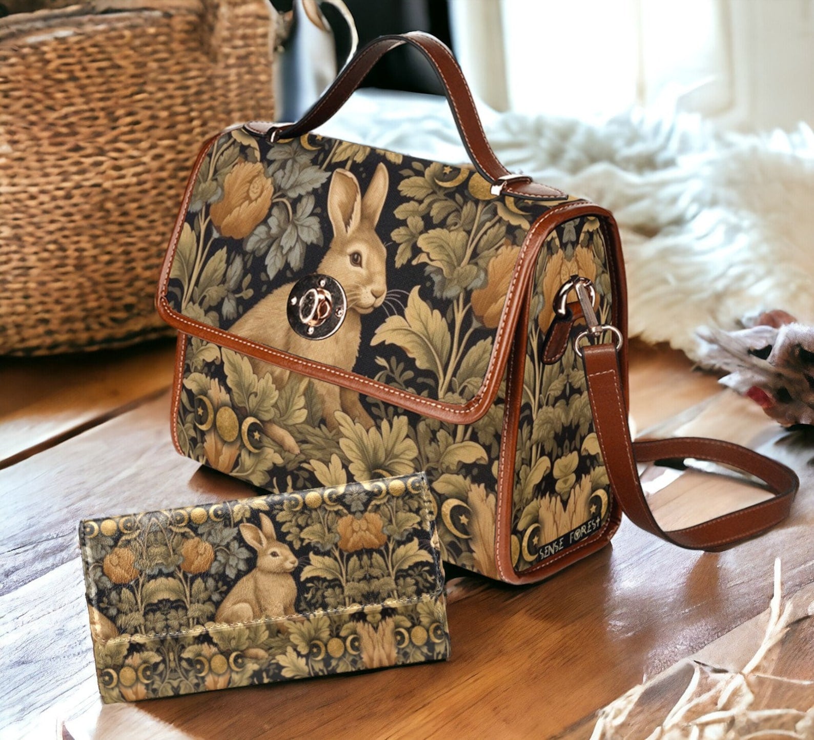 Maximalist Victorian Rabbit Moon Retro Canvas Satchel Handbag For Boho Hippie