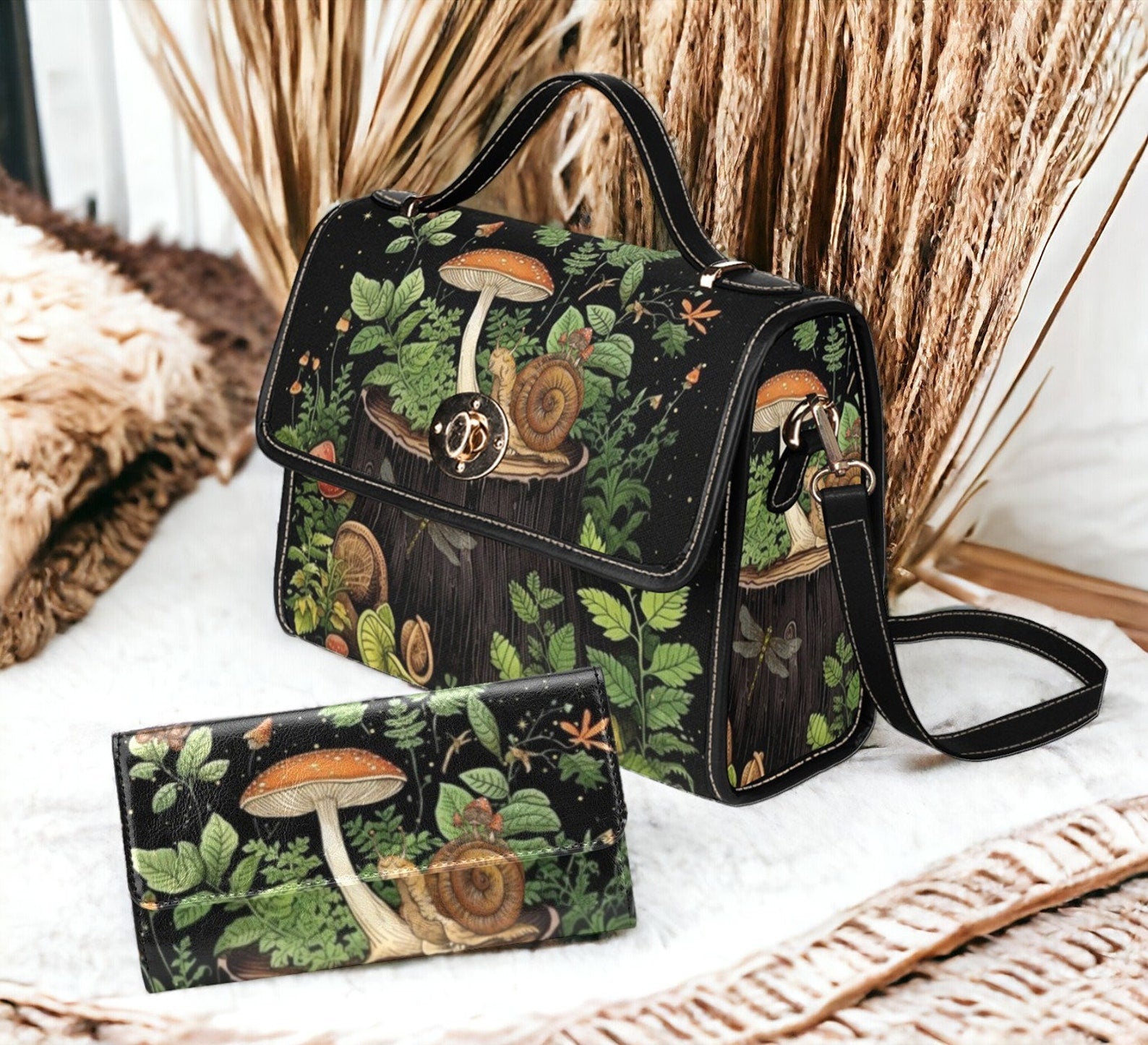 Cottagecore Witch Snail Forest Witchy Canvas Satchel Handbag For Boho Hippie