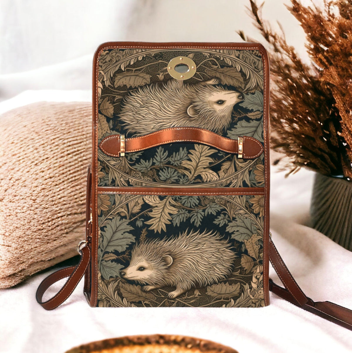 Retro Hedgehog In The Wood Canvas Satchel Handbag For Boho Hippie