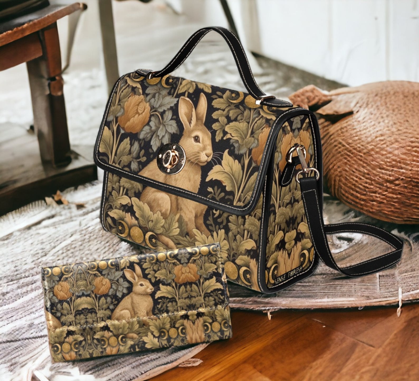 Maximalist Victorian Rabbit Moon Retro Canvas Satchel Handbag For Boho Hippie