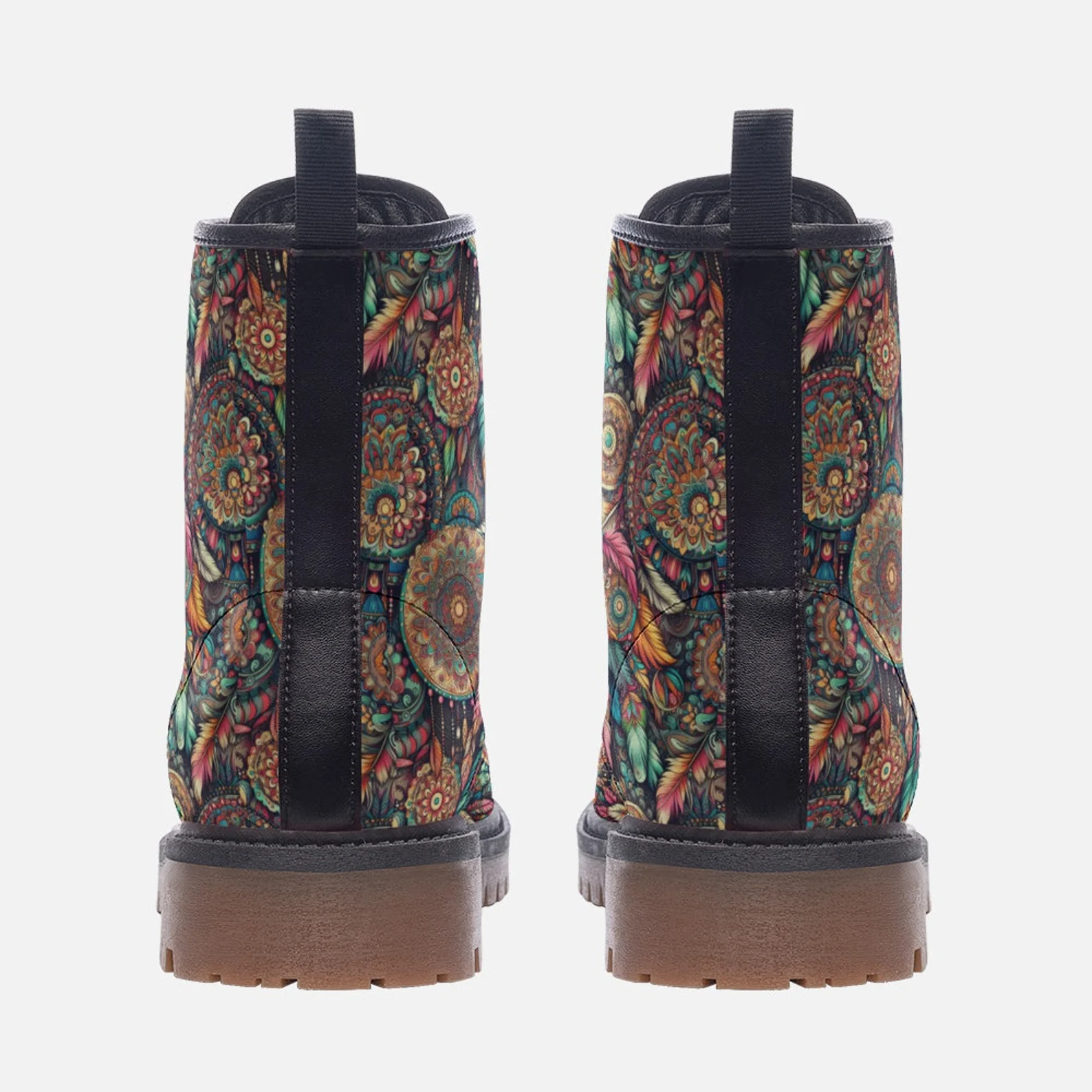 Hippie Art Zone - Groovy Boho Feathers Colorful Vegan Leather Boho Boots Festival Boots.