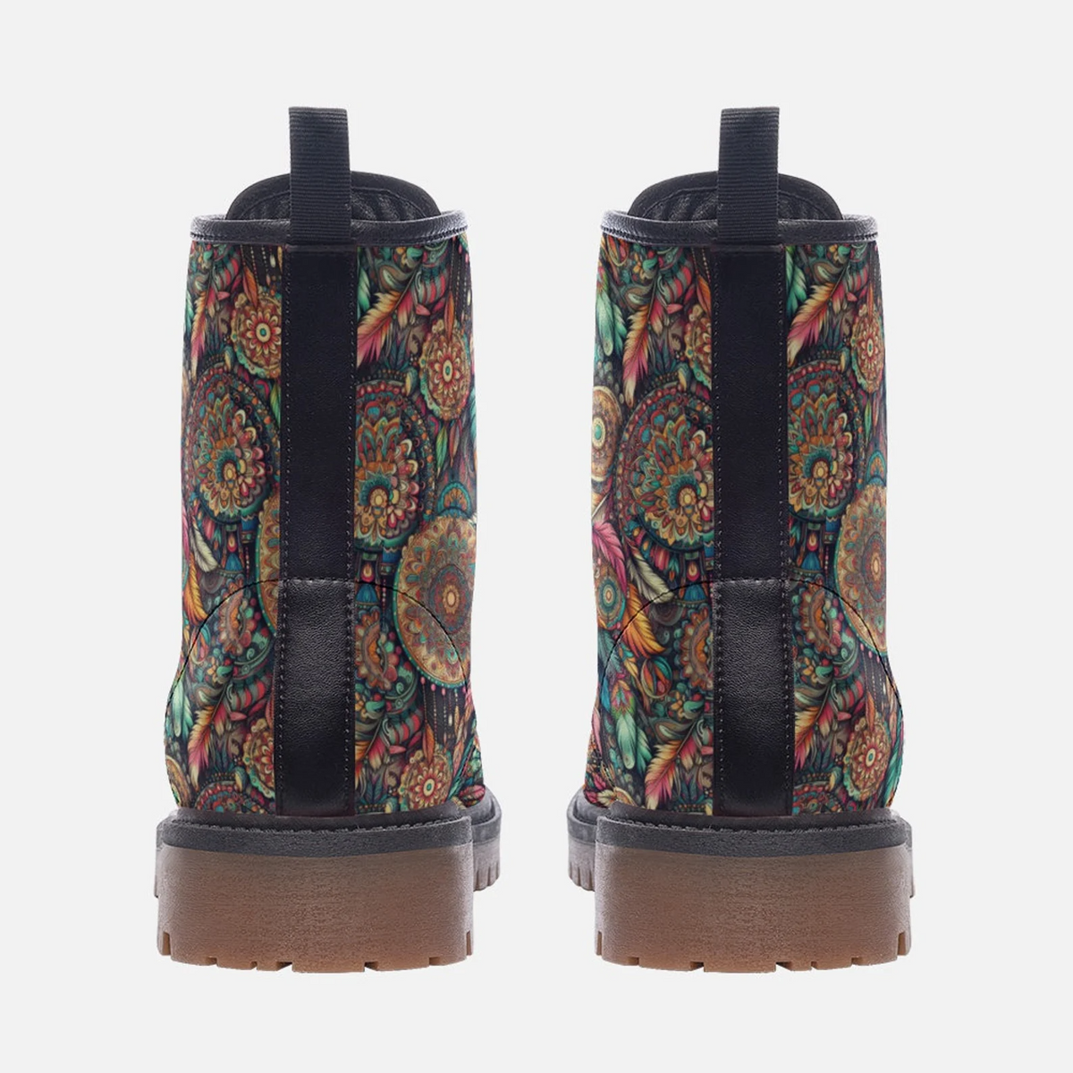 Hippie Art Zone - Groovy Boho Feathers Colorful Vegan Leather Boho Boots Festival Boots.