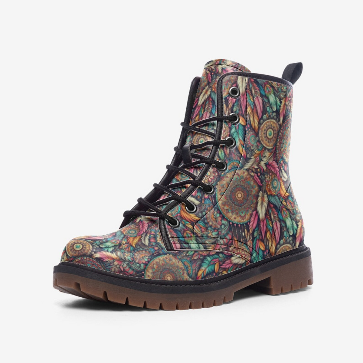 Hippie Art Zone - Groovy Boho Feathers Colorful Vegan Leather Boho Boots Festival Boots.