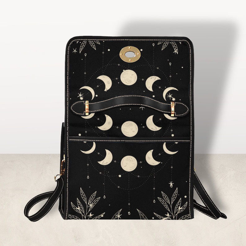 Witchy Satchel Handbag Cottagecore Celestial Moon Black Design For Boho Hippies