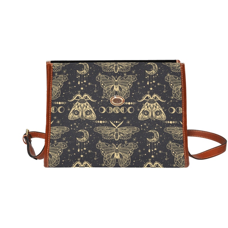 Mystical Celestial Moths Witchy Canvas Satchel Handbag For Boho Hippie