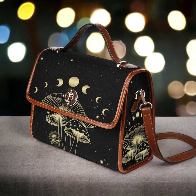 Celestial Moon Mushroom Witchy Satchel Handbag For Boho Hippies