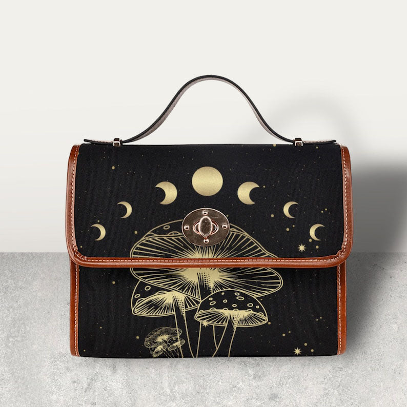 Celestial Moon Mushroom Witchy Satchel Handbag For Boho Hippies