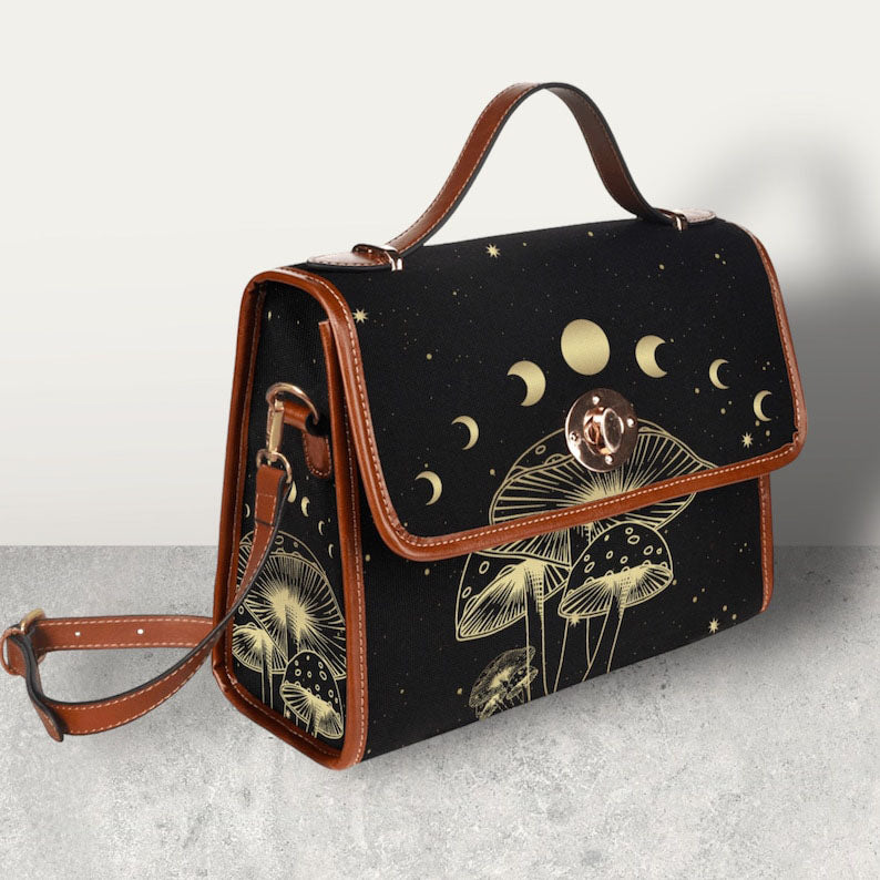 Celestial Moon Mushroom Witchy Satchel Handbag For Boho Hippies