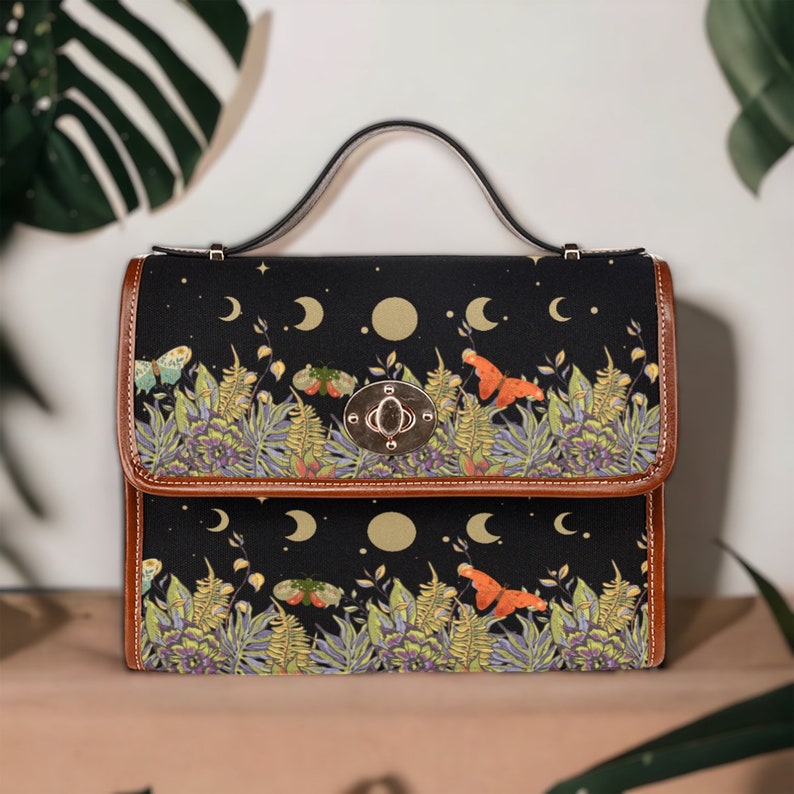 Cottagecore Moth and Moon Phases Witchy Satchel Handbag For Boho Hippies