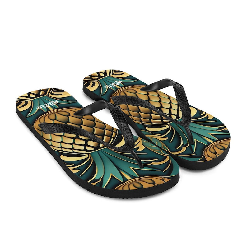 hippieartzone - Art Deco Pineapple Yellow Gold Green Funky Fruit Flip Flops Colorful.