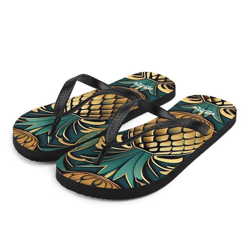 hippieartzone - Art Deco Pineapple Yellow Gold Green Funky Fruit Flip Flops Colorful.