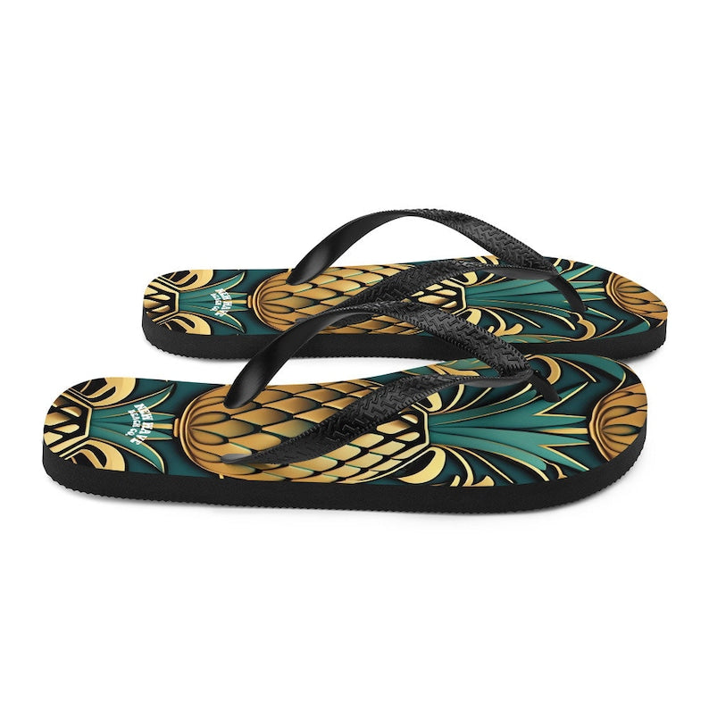 hippieartzone - Art Deco Pineapple Yellow Gold Green Funky Fruit Flip Flops Colorful.