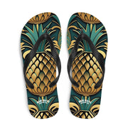 hippieartzone - Art Deco Pineapple Yellow Gold Green Funky Fruit Flip Flops Colorful.