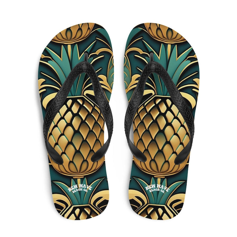 hippieartzone - Art Deco Pineapple Yellow Gold Green Funky Fruit Flip Flops Colorful.