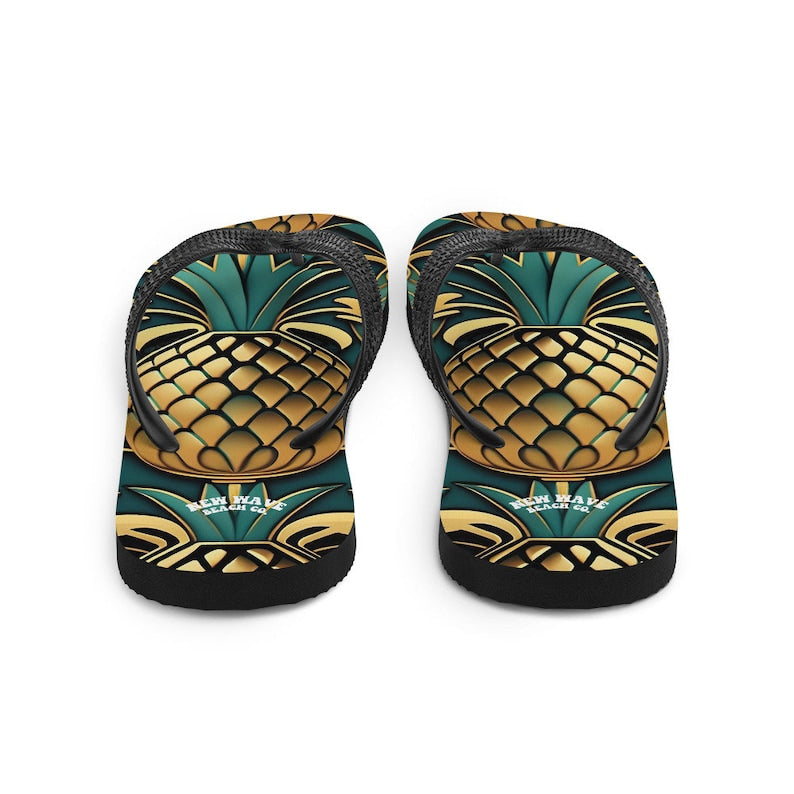 hippieartzone - Art Deco Pineapple Yellow Gold Green Funky Fruit Flip Flops Colorful.