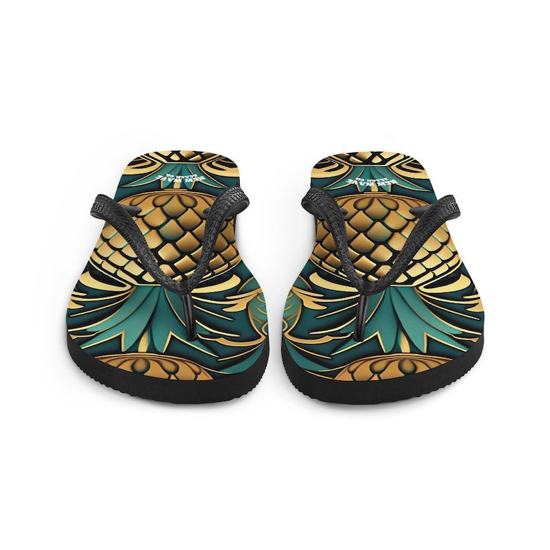 hippieartzone - Art Deco Pineapple Yellow Gold Green Funky Fruit Flip Flops Colorful.