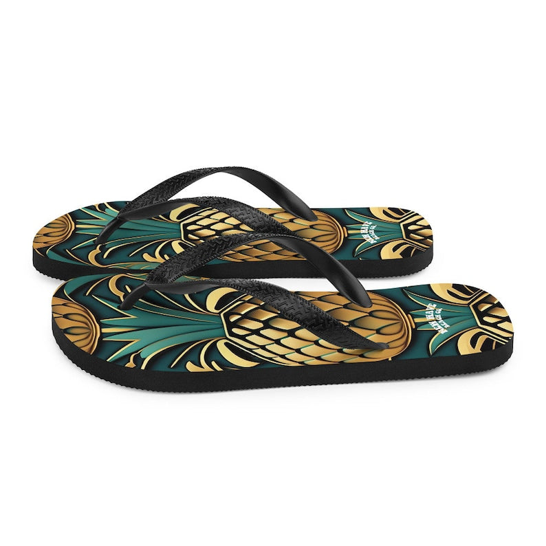 hippieartzone - Art Deco Pineapple Yellow Gold Green Funky Fruit Flip Flops Colorful.