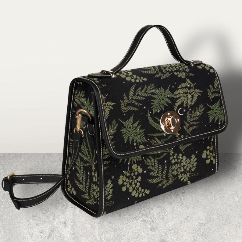 Witchy Satchel Handbag Boho Fern Forest Black Design For Hippies