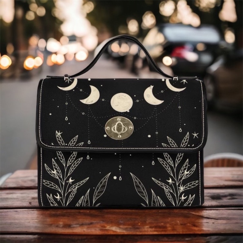 Witchy Satchel Handbag Cottagecore Celestial Moon Black Design For Boho Hippies