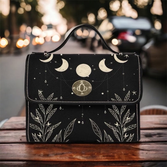 Witchy Satchel Handbag Cottagecore Celestial Moon Black Design For Boho Hippies