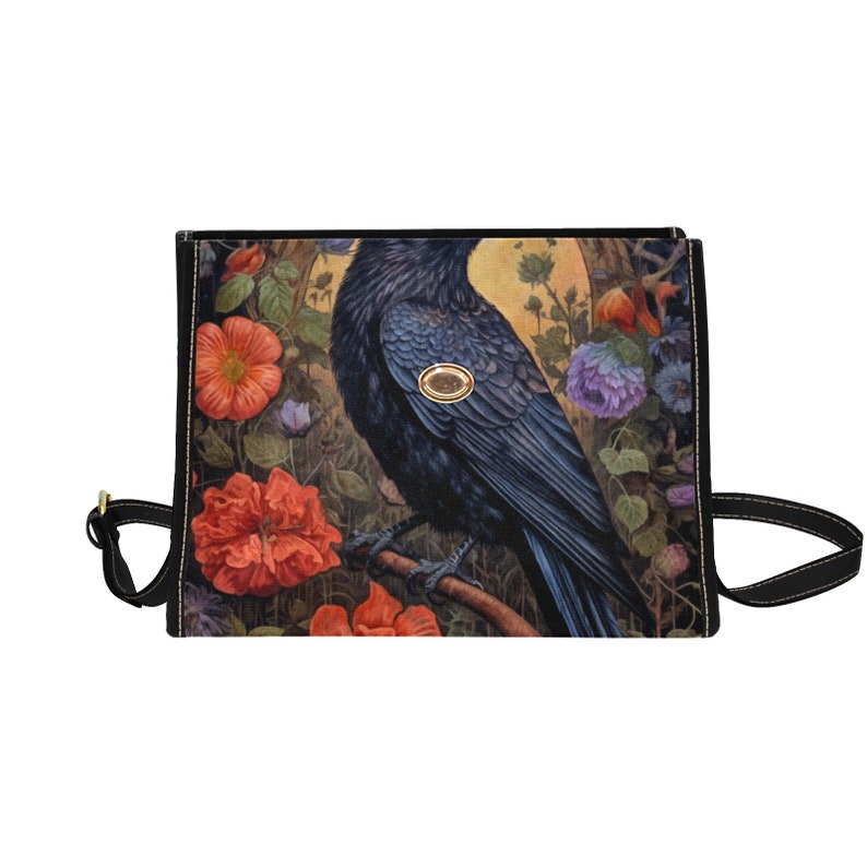 Dark Cottage Goth Witchy Crow and Floral Satchel Handbag For Boho Hippie
