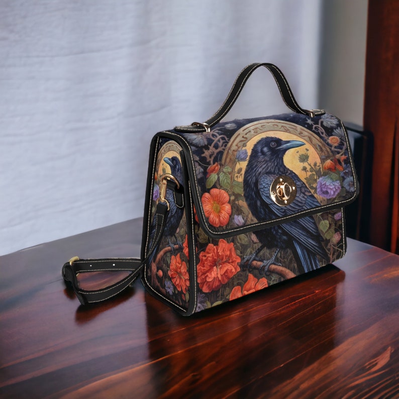 Dark Cottage Goth Witchy Crow and Floral Satchel Handbag For Boho Hippie