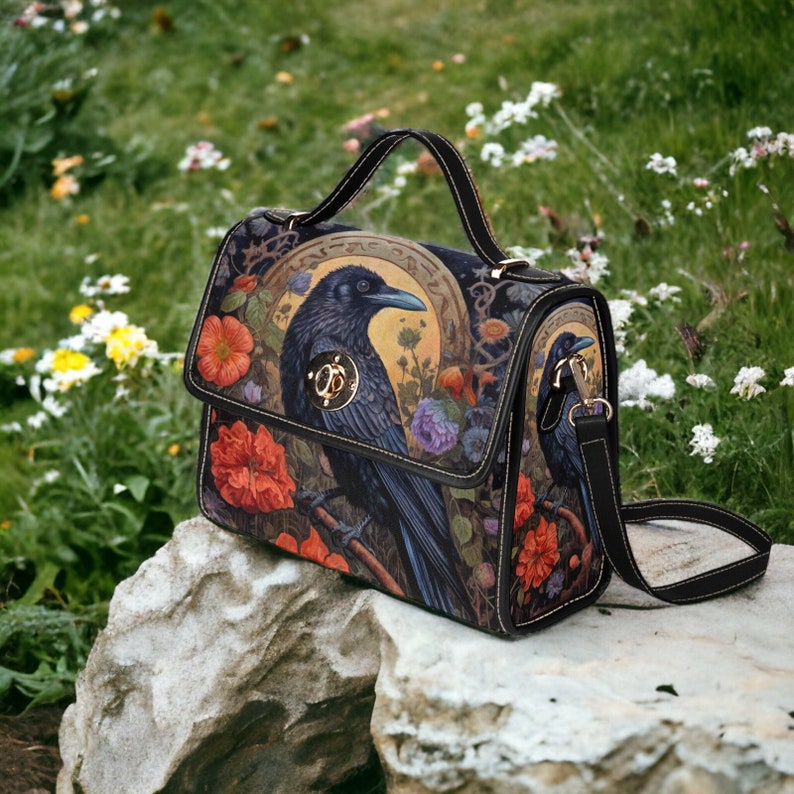 Dark Cottage Goth Witchy Crow and Floral Satchel Handbag For Boho Hippie