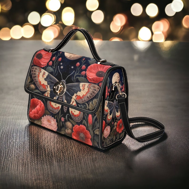 Dark Cottage Goth Witchy Butterfly and Poppies Satchel Bag For Boho Hippie
