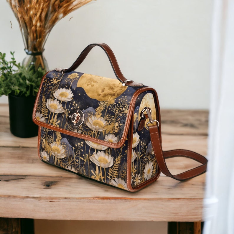 Cottagecore Boho Gold and Navy Floral Moon Witchy Satchel Handbag For Hippie