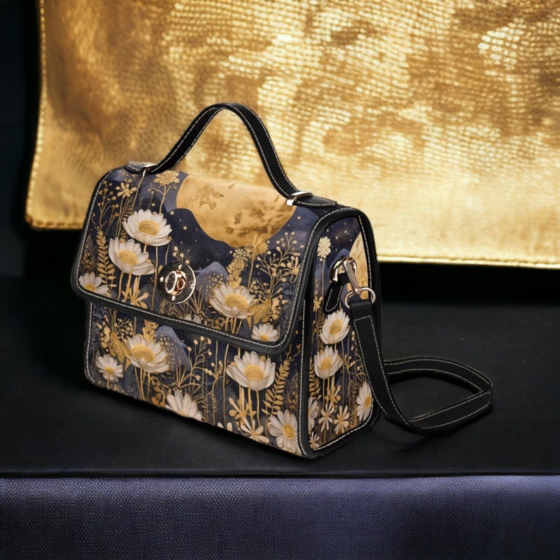 Cottagecore Boho Gold and Navy Floral Moon Witchy Satchel Bag For Hippie