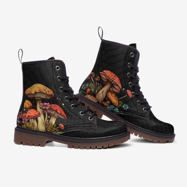 Hippie Art Zone - Rave Boots Festival Boots Black Mushroom Vegan Leather Lace Up