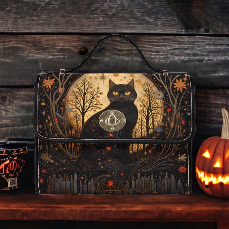 Cottagecore Black Witchy Cat Halloween Satchel Handbag For Boho Hippies