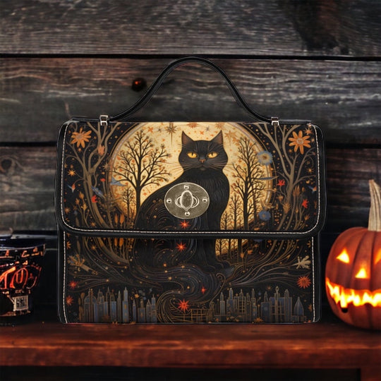 Cottagecore Black Witchy Cat Halloween Satchel Handbag For Boho Hippies