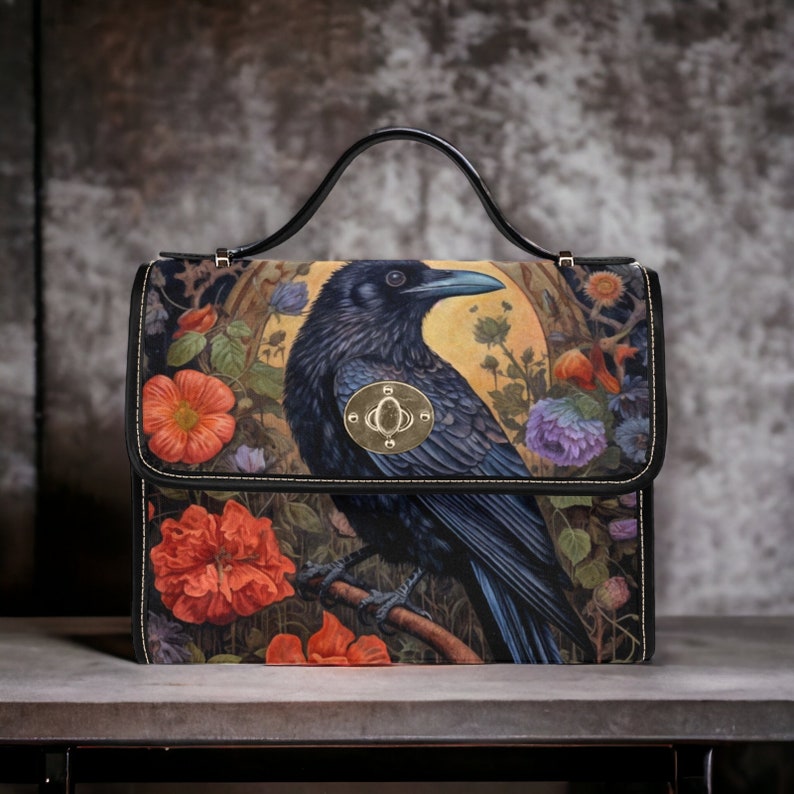 Dark Cottage Goth Witchy Crow and Floral Satchel Handbag For Boho Hippie