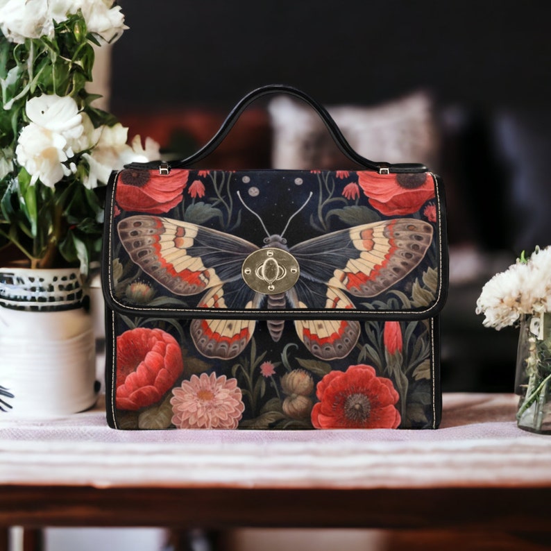 Dark Cottage Goth Witchy Butterfly and Poppies Satchel Bag For Boho Hippie