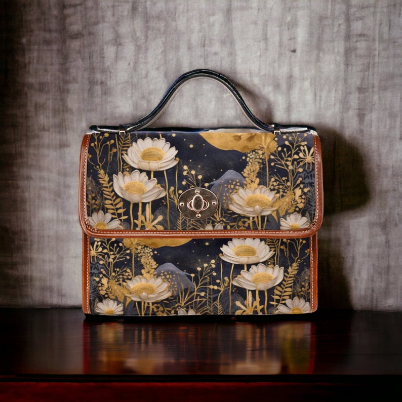 Cottagecore Boho Gold and Navy Floral Moon Witchy Satchel Handbag For Hippie