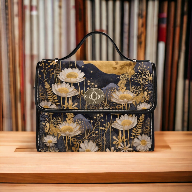 Cottagecore Boho Gold and Navy Floral Moon Witchy Satchel Bag For Hippie
