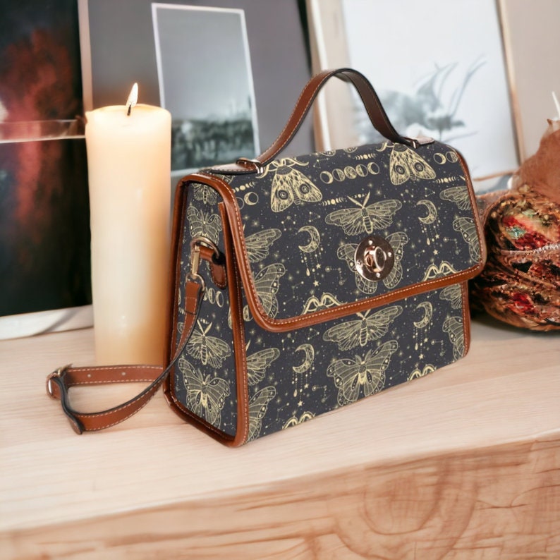 Mystical Celestial Moths Witchy Canvas Satchel Handbag For Boho Hippie