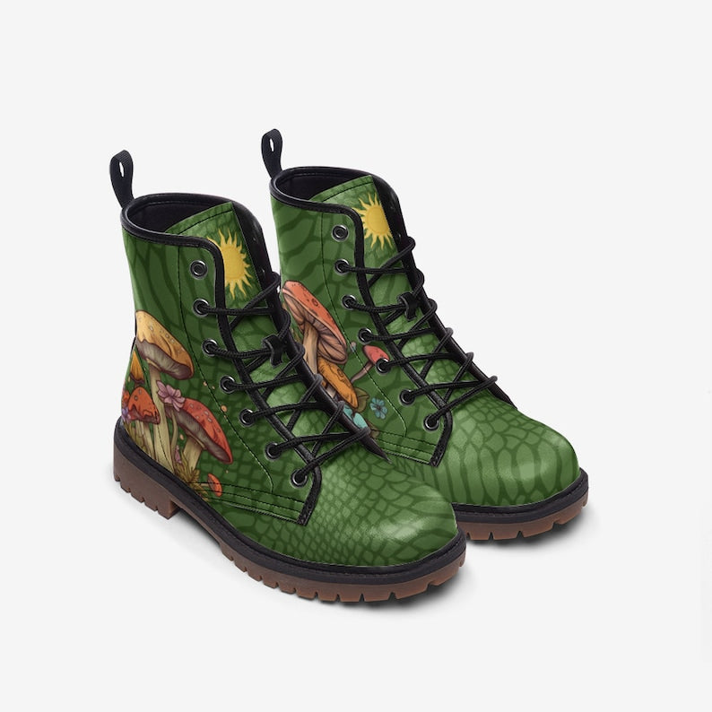 Hippie Art Zone - Green Mushroom Boots Vegan Leather Lace Up Boots, Rave Shoes Festival Combat Boots Faux Leather Green Boots Mushroom Shoes