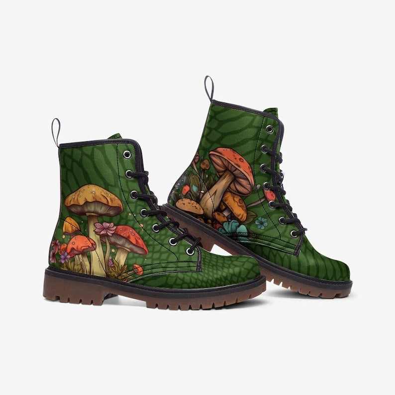 Hippie Art Zone - Green Mushroom Boots Vegan Leather Lace Up Boots, Rave Shoes Festival Combat Boots Faux Leather Green Boots Mushroom Shoes