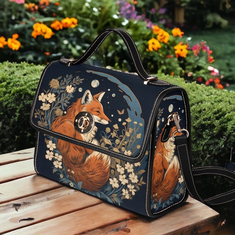 Retro Fox In The Forest Canvas Satchel Bag For Boho Hippie