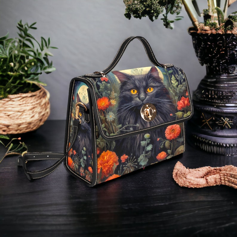 Dark Cottage Goth Witchy Cat and Floral Satchel Handbag For Boho Hippie