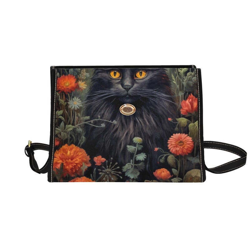 Dark Cottage Goth Witchy Cat and Floral Satchel Handbag For Boho Hippie