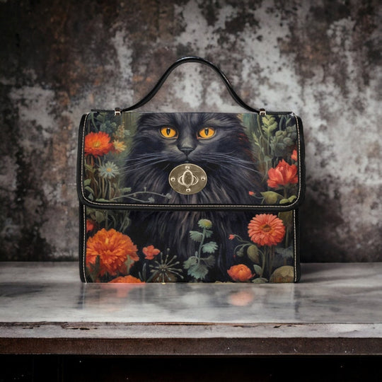 Dark Cottage Goth Witchy Cat and Floral Satchel Handbag For Boho Hippie