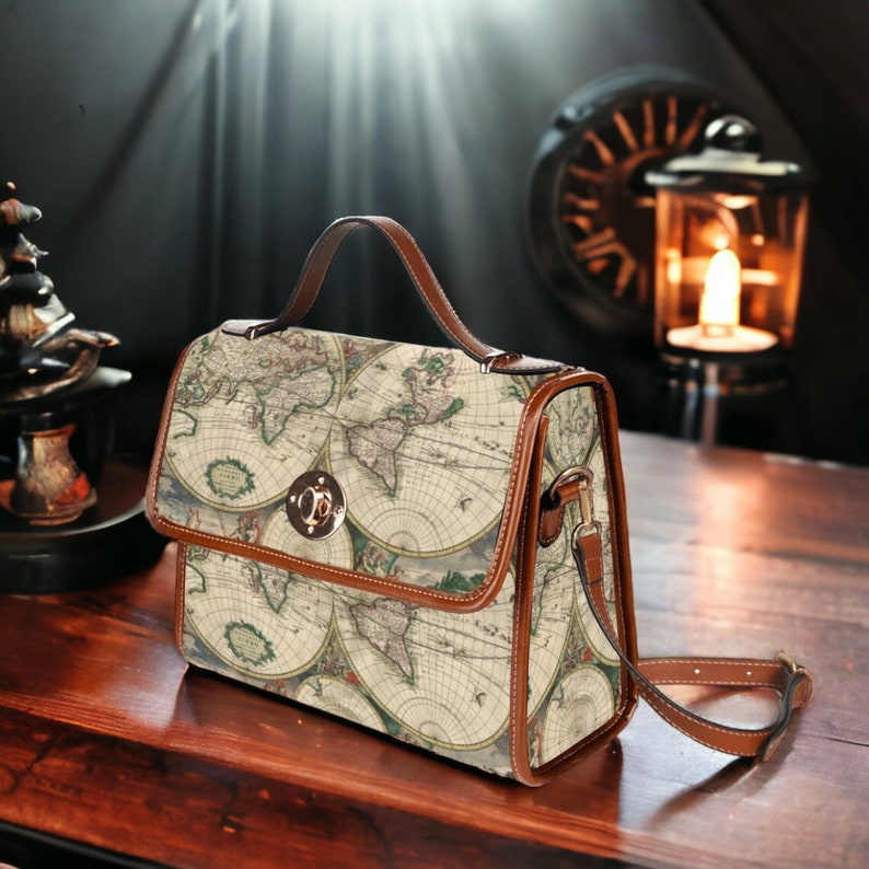 Cottagecore Vintage Maps Boho Canvas Satchel Handbag For Hippie