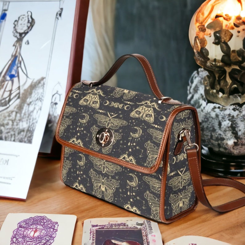 Mystical Celestial Moths Witchy Canvas Satchel Handbag For Boho Hippie